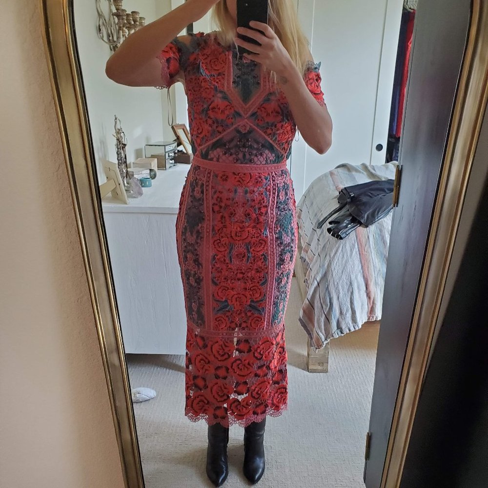 Marchesa Notte, Red Floral Lace Dress